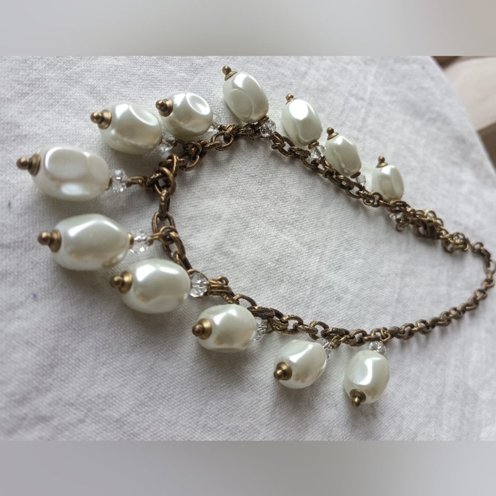Gold-Tone Chain Necklace with White Faux Pearl Drops